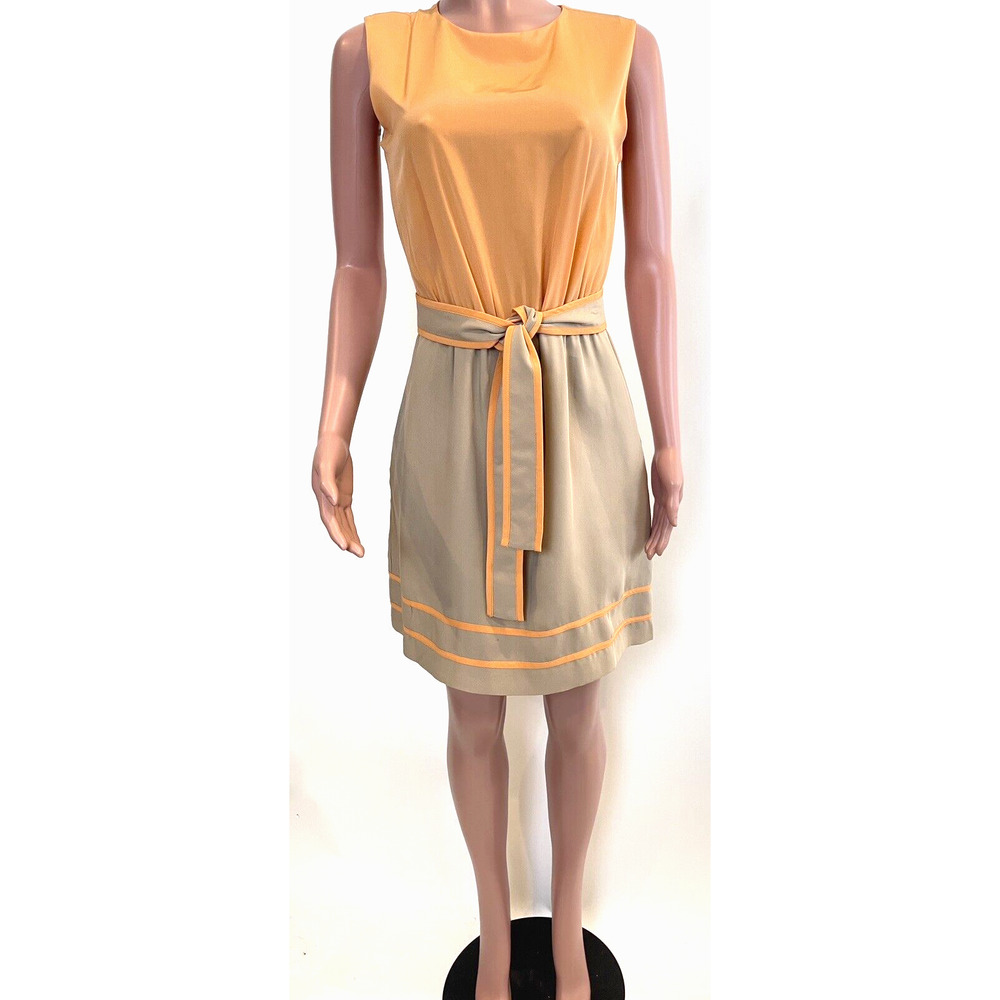 Raoul Laetitia Dress Womens 10 Silk Pumpkin Sesame Color Block Tie Belt